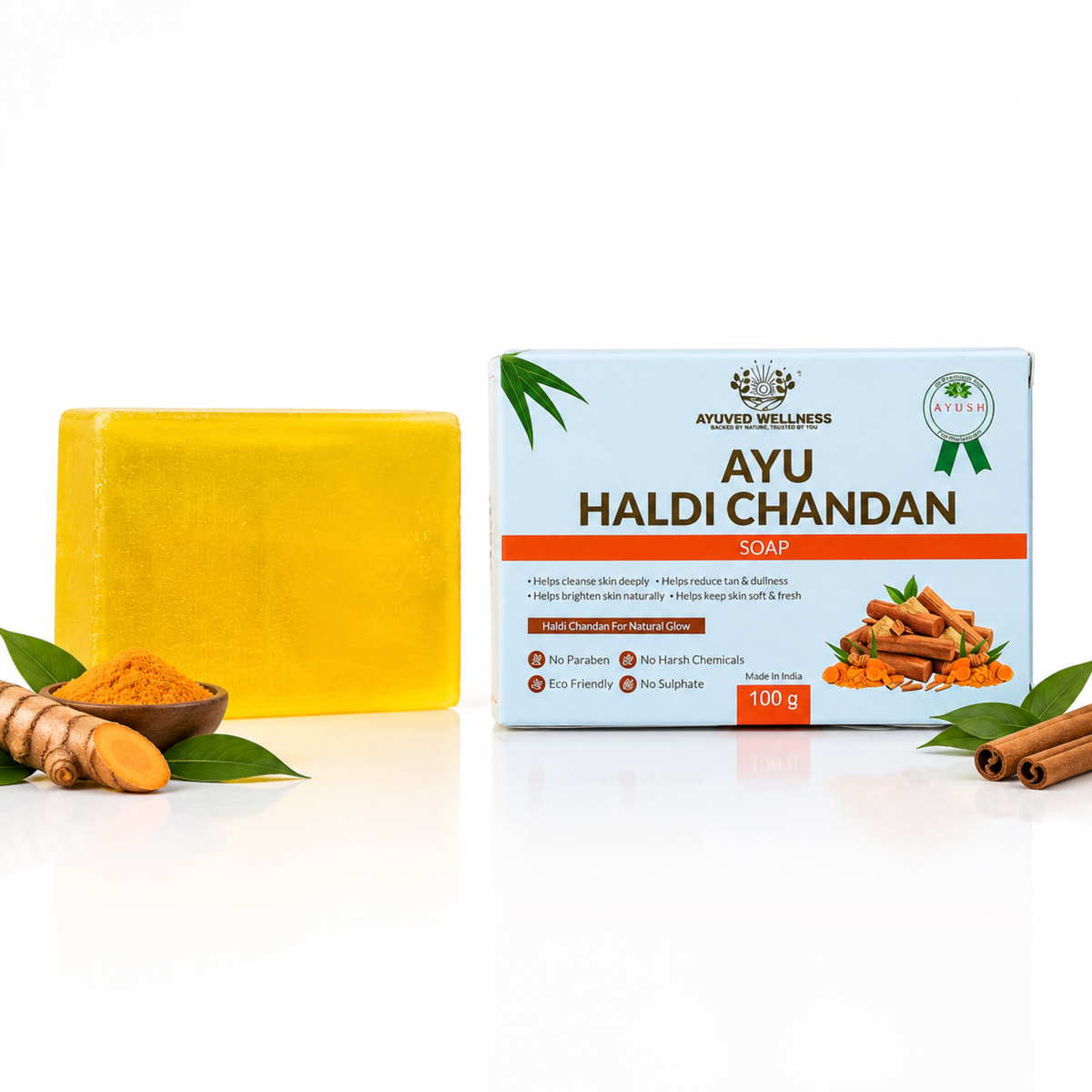 Ayu Haldi Chandan Soap | Turmeric & Sandalwood Bath Soap | Deep Cleansing | Brightens Skin | Helps Reduce Tan & Dullness | Suitable for All Skin Types | 100g