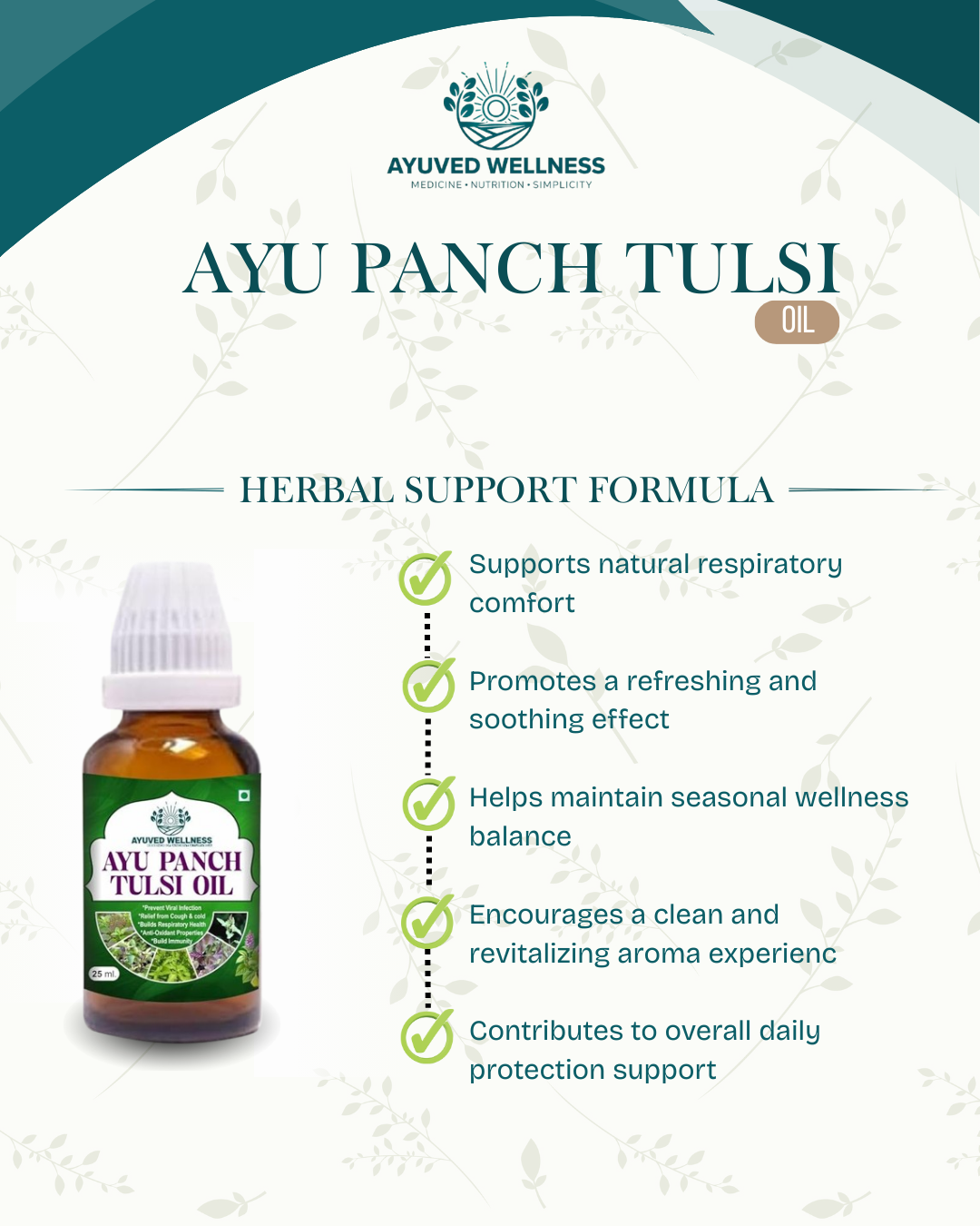 AYU Panch Tulsi Oil Herbal Support Formula Ayurvedic Tulsi Drops | 25 ml Best Panch Tulsi Oil | Natural Herbal Formula for Wellness & Vitality | Supports Relief in Cold, Cough & Mild Fever | 25ml