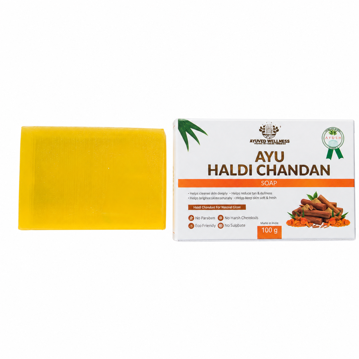 Ayu Haldi Chandan Soap | Turmeric & Sandalwood Bath Soap | Deep Cleansing | Brightens Skin | Helps Reduce Tan & Dullness | Suitable for All Skin Types | 100g