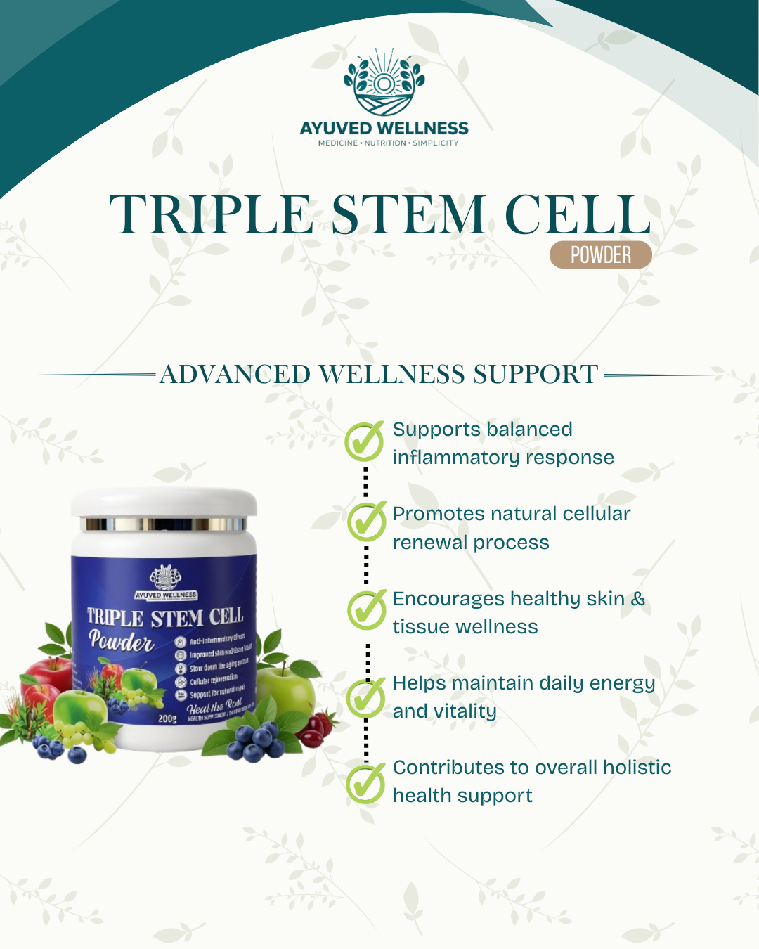 Triple Stem Cell Powder – Apple & Grape Stem Cell Extract | Anti-Aging Herbal Supplement for Immunity, Energy & Skin Health 200 g Advanced Fruit Stem Cells | Cell Renewal | 200g
