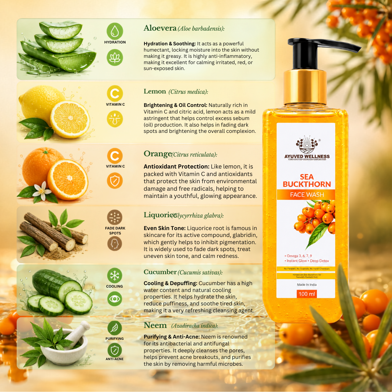 Sea Buckthorn Face Wash | Deep Cleansing Face Wash | Helps Brighten Skin | Removes Dirt & Excess Oil | Instant Fresh Glow | Suitable for All Skin Types | 100ml