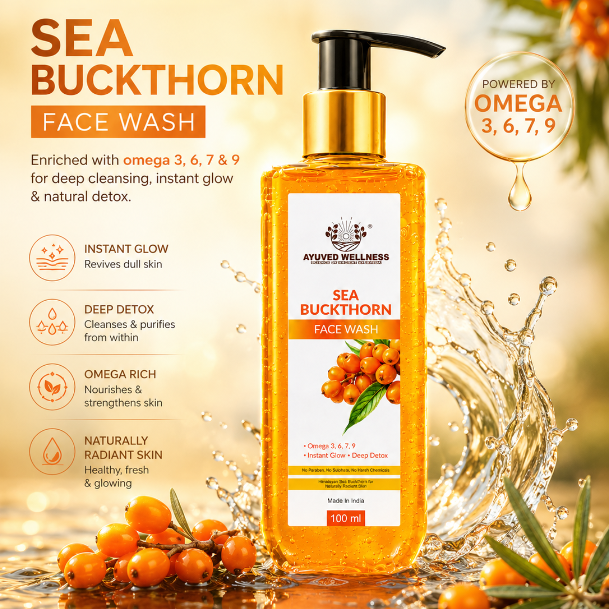 Sea Buckthorn Face Wash | Deep Cleansing Face Wash | Helps Brighten Skin | Removes Dirt & Excess Oil | Instant Fresh Glow | Suitable for All Skin Types | 100ml