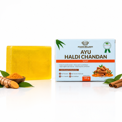 Ayu Haldi Chandan Soap | Turmeric & Sandalwood Bath Soap | Deep Cleansing | Brightens Skin | Helps Reduce Tan & Dullness | Suitable for All Skin Types | 100g