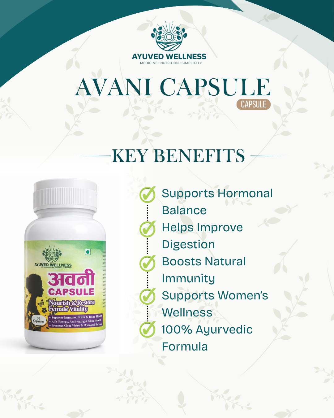 Avani CAPSULE Herbal Supplement for Hormonal Balance, PCOS, PCOD, Period Pain Relief, Hair and Skin Health | Women Wellness | 60cap