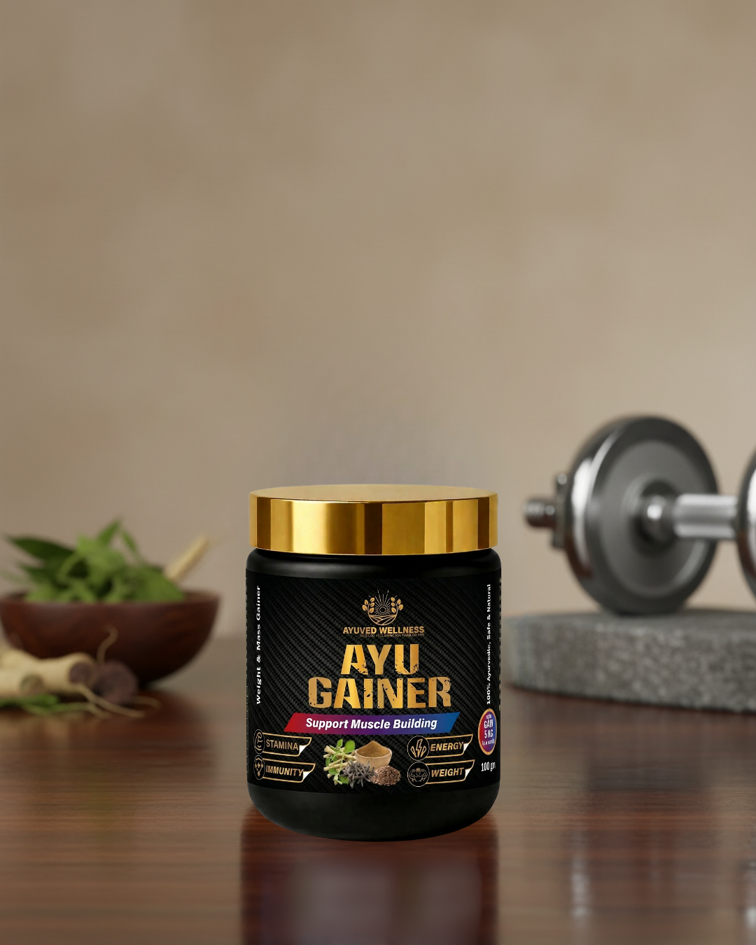 AYUGAINER Ayurvedic Weight Gainer Supplement Powder for Men & Women, Supports Stamina, Muscle Mass | Natural Protein & Carbs | Health Gain & High Calorie Formula ||100g