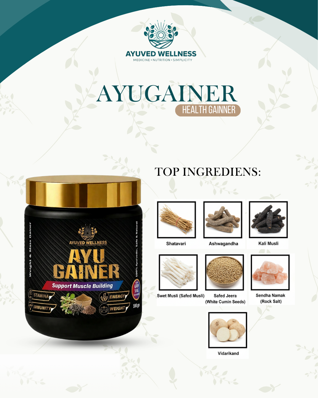 AYUGAINER Ayurvedic Weight Gainer Supplement Powder for Men & Women, Supports Stamina, Muscle Mass | Natural Protein & Carbs | Health Gain & High Calorie Formula ||100g