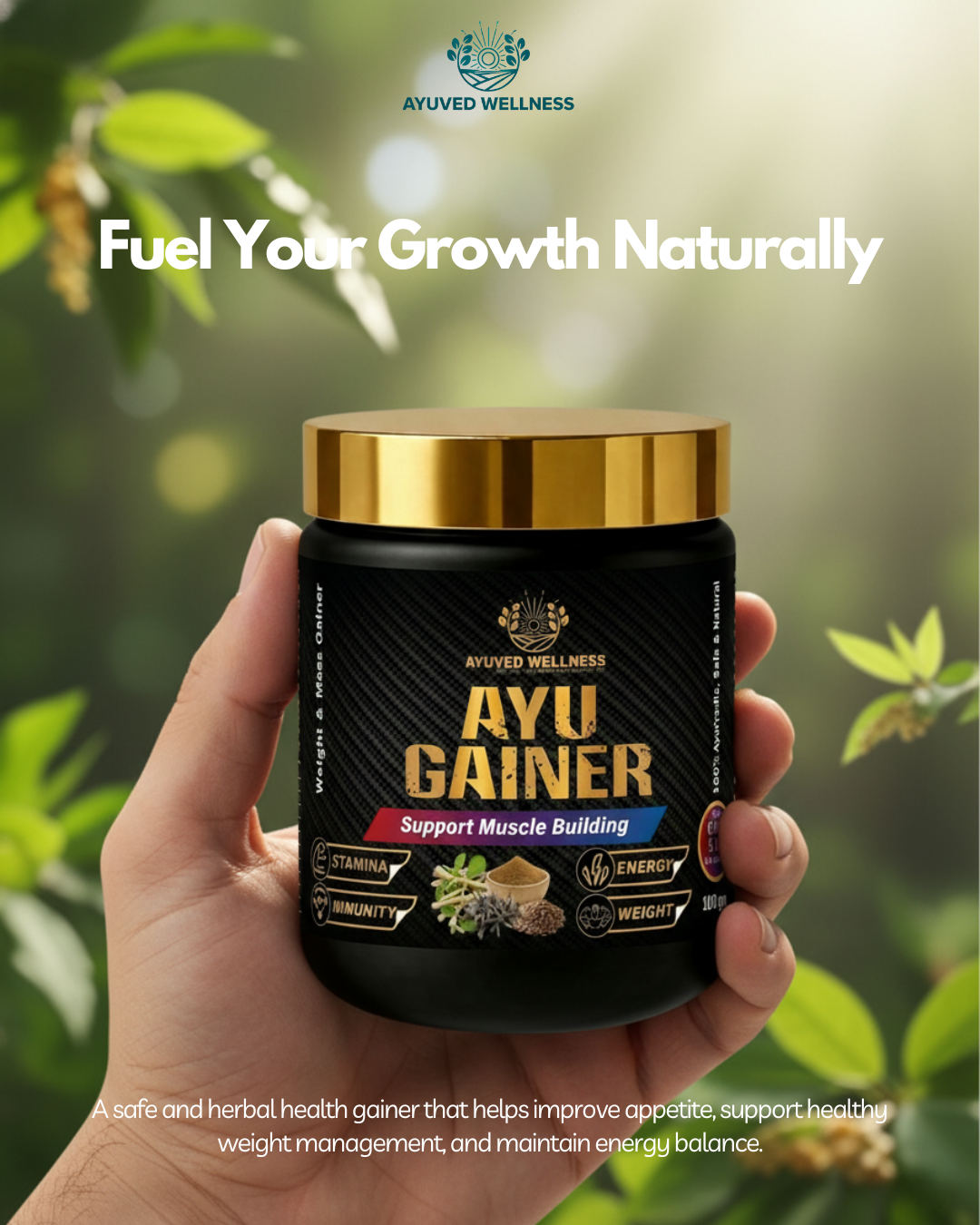 AYUGAINER Ayurvedic Weight Gainer Supplement Powder for Men & Women, Supports Stamina, Muscle Mass | Natural Protein & Carbs | Health Gain & High Calorie Formula ||100g