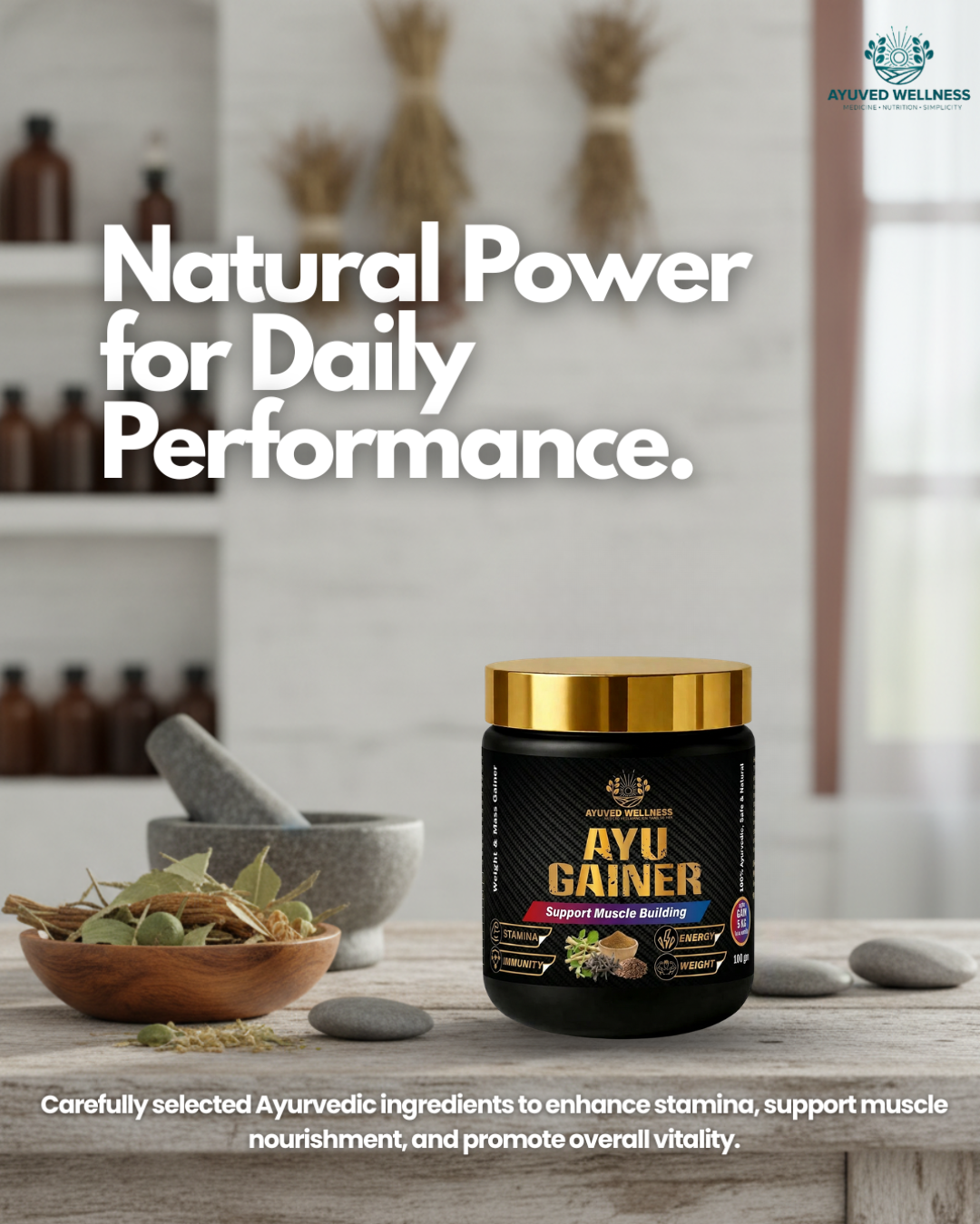 AYUGAINER Ayurvedic Weight Gainer Supplement Powder for Men & Women, Supports Stamina, Muscle Mass | Natural Protein & Carbs | Health Gain & High Calorie Formula ||100g