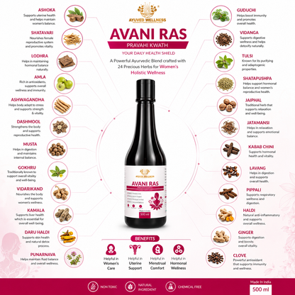 Avani Ras Pravahi Kwath Ayurvedic Juice for Women Herbal Supplement for Hormonal Balance, PCOS, PCOD, Period Pain Relief, Hair and Skin Health | Women Wellness Juice | 500ml