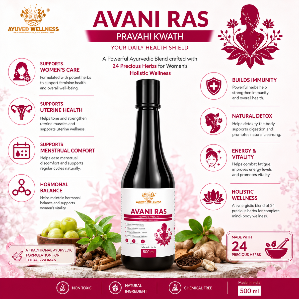 Avani Ras Pravahi Kwath Ayurvedic Juice for Women Herbal Supplement for Hormonal Balance, PCOS, PCOD, Period Pain Relief, Hair and Skin Health | Women Wellness Juice | 500ml