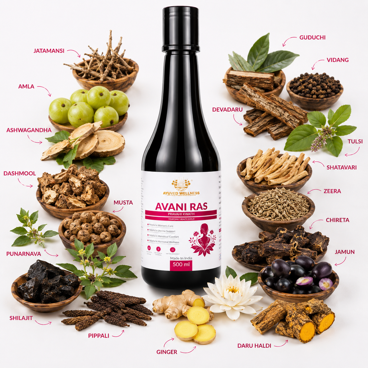 Avani Ras Pravahi Kwath Ayurvedic Juice for Women Herbal Supplement for Hormonal Balance, PCOS, PCOD, Period Pain Relief, Hair and Skin Health | Women Wellness Juice | 500ml