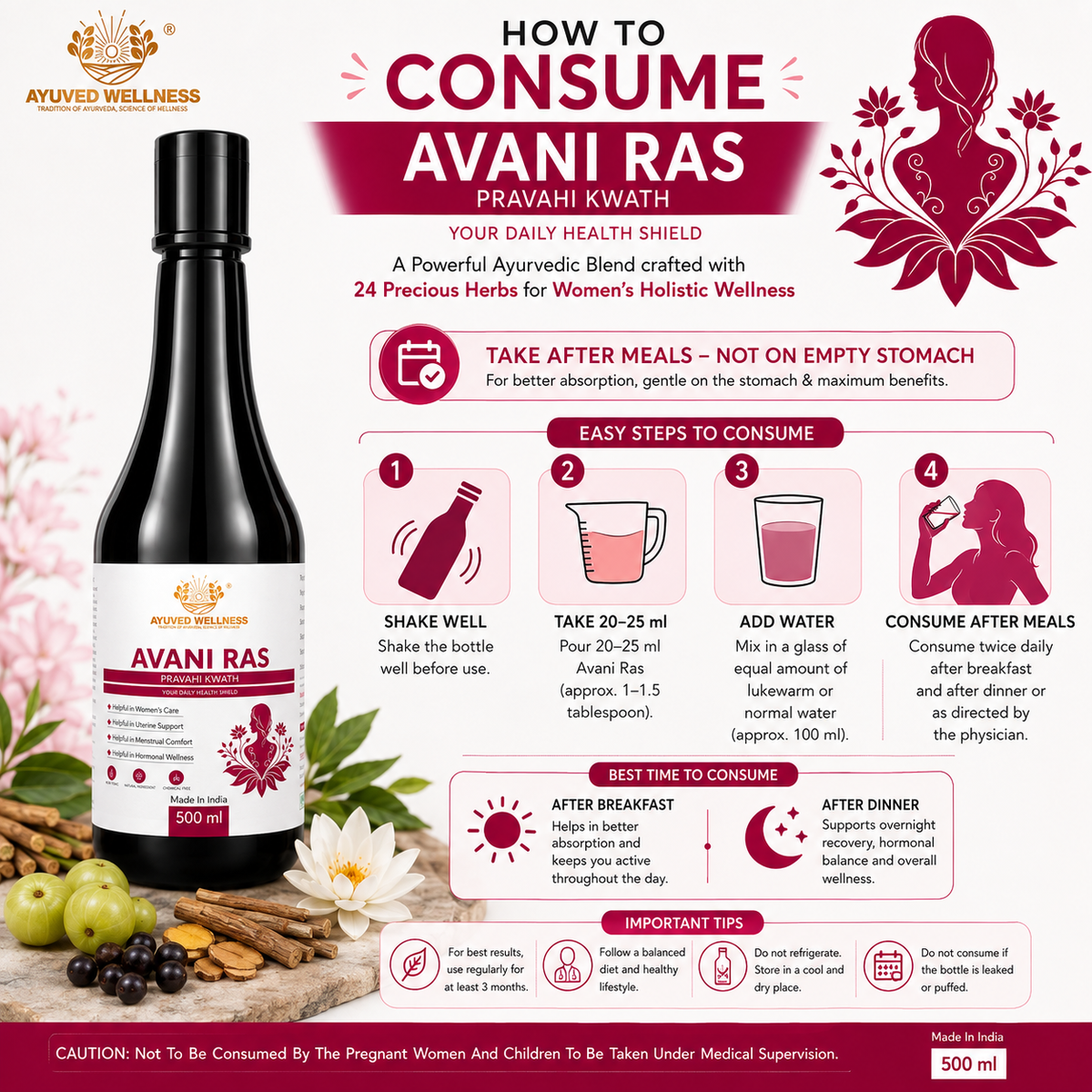 Avani Ras Pravahi Kwath Ayurvedic Juice for Women Herbal Supplement for Hormonal Balance, PCOS, PCOD, Period Pain Relief, Hair and Skin Health | Women Wellness Juice | 500ml