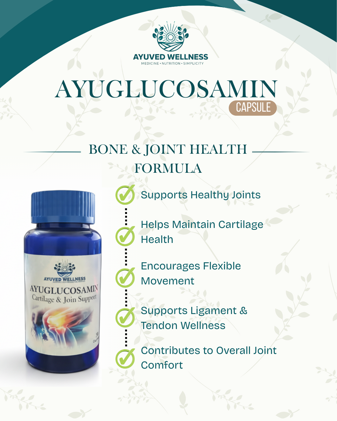 AYUGLUCOSAMIN Cartilage & Joint Support Supplement | Glucosamine for Joint Relieves Pain and Stiffness I Pure Veg Formula| 30cap